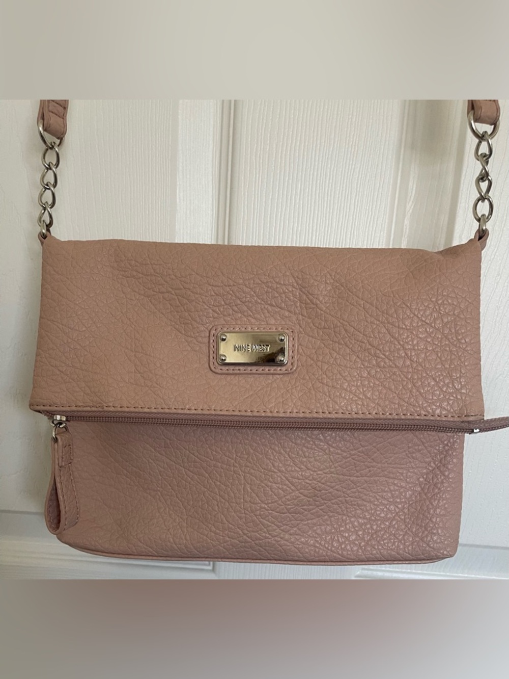 Nine West Blush Pink Fold-Over Pebbled Leather Crossbody Clutch